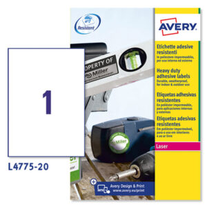 poliestere adesivo l4775 bianco 20fg a4 210x297mm (1et/fg) laser avery