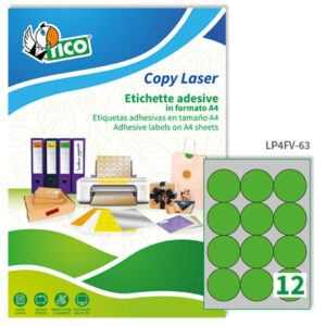 etichetta adesiva lp4f verde fluo 70fg a4 tonda d63,5mm (12et/fg) tico