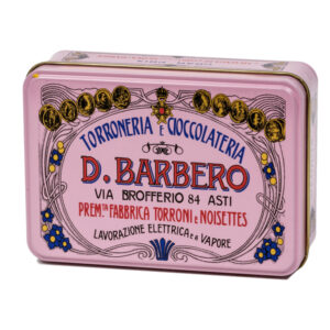 scrigno regalo rosa in metallo con torroni bianchi friabili100gr barbero