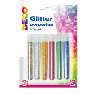 blister glitter 6 flaconi grana fine 12ml colori assortiti deco