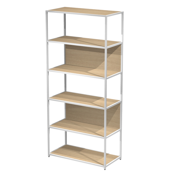 libreria 6 ripiani 90x44h200cm con struttura metal bianco - rovere modular