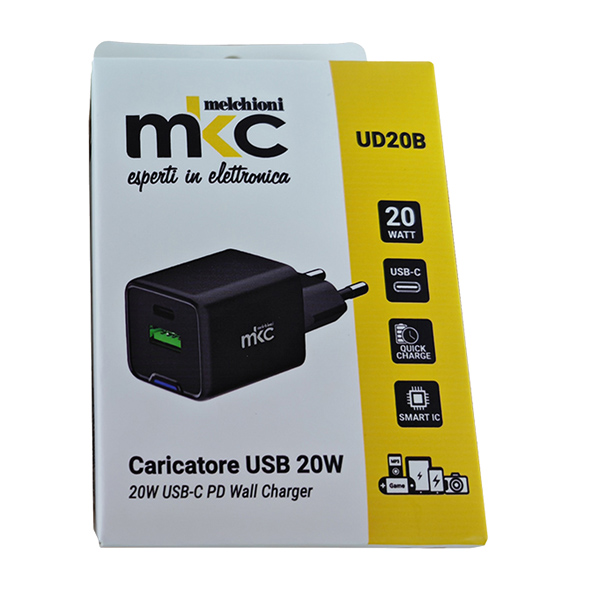 caricatore usb 20w 1 usb-c+ 1 usb-a nero -mkc