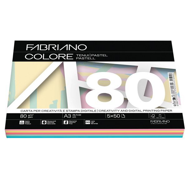 fabrianocolore a3 80gr 250fg mix 5 colori tenui fabriano