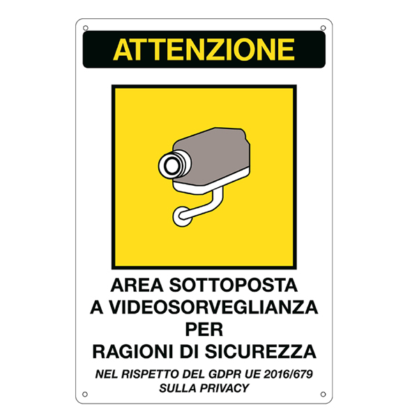 cartello alluminio 20x30cm 'area sottoposta a videosorveglianza' rif.gdpr