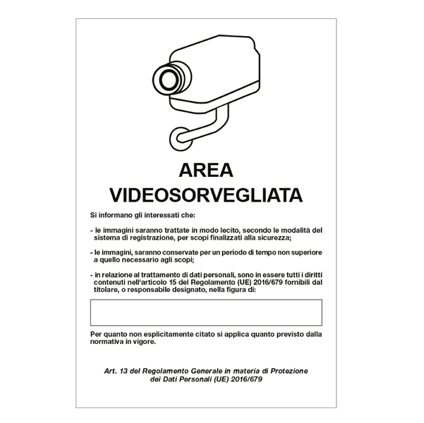 cartello alluminio 20x30cm 'area videosorveglianza con registrazion' rif.gdpr