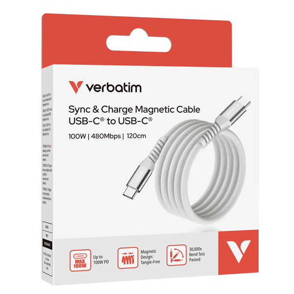 verbatim cavo magnetico sync charge usb-c to usb-c 100w 120 cm_grigio