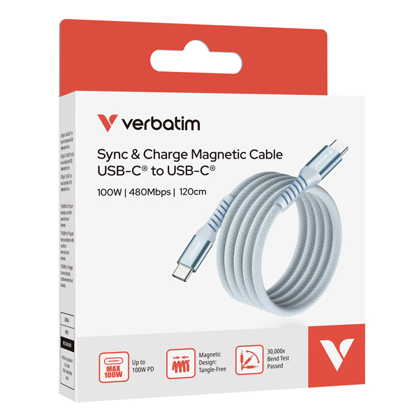 verbatim cavo magnetico sync charge usb-c to usb-c 100w 120 cm_blu