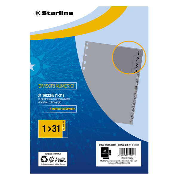 divisori numerici (1-31 in pp 31 tacche f.to a4 21x29,7cm -grigio starline