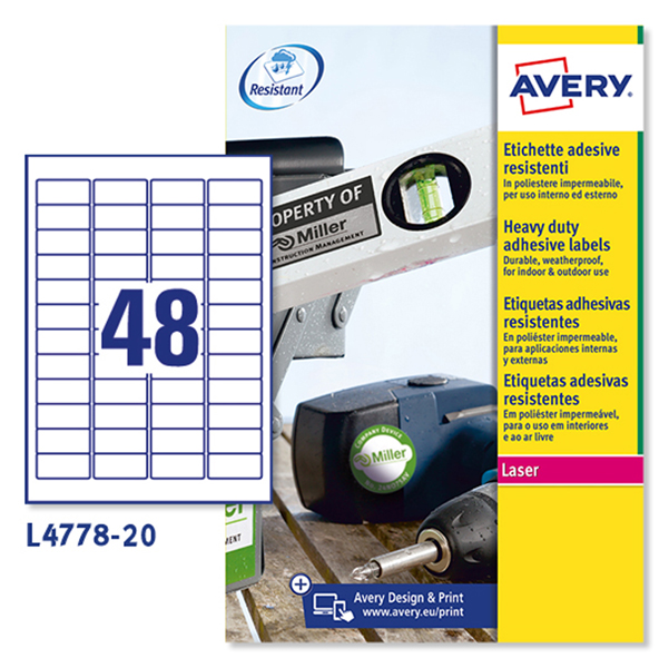 poliestere adesivo l4778 bianco 20fg a4 45,7x21,2mm (48et/fg laser avery