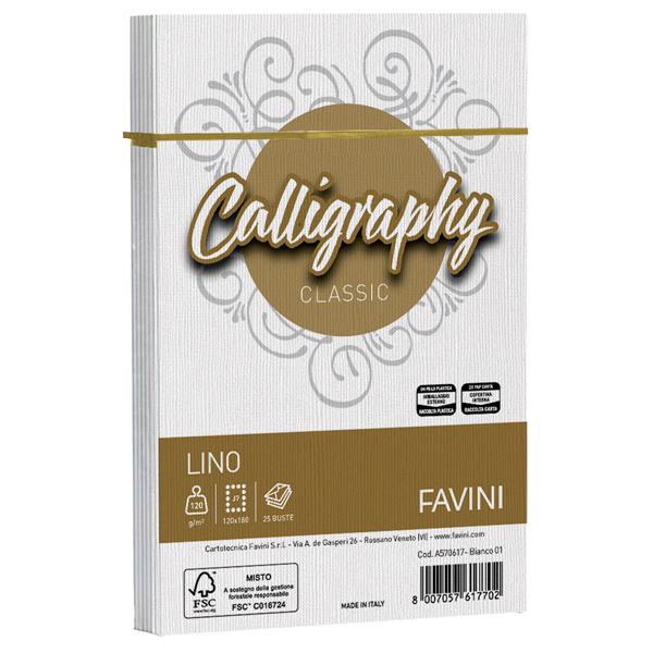 25 buste calligraphy lino 120gr 120x180mm bianco favini