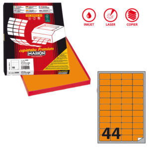 etichetta adesiva a/406 arancio fluo 100fg a4 47,5x25,5mm (44et/fg markin