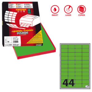 etichetta adesiva a/406 verde fluo 100fg a4 47,5x25,5mm (44et/fg markin