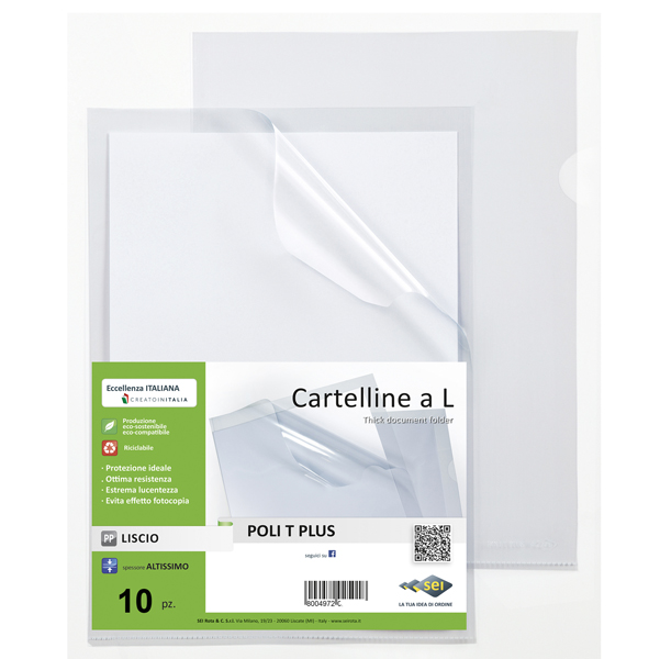 10 cartelline a l in pp trasparente alto spessore 30x42cm poli t plus sei rota