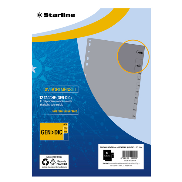 divisori mensili (gen-dic in pp 12 tacche f.to a4 21x29,7cm grigio starline