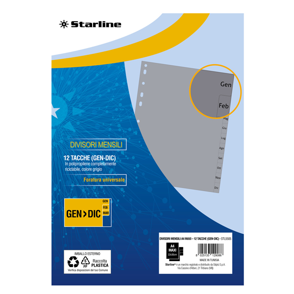 divisori mensili (gen-dic in pp 12 tacche f.to a4 maxi 24,5x30cm grigio sta